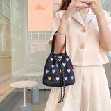 Embroidered Heart Women's Canvas Handbag Pink Love Girls Shoulder