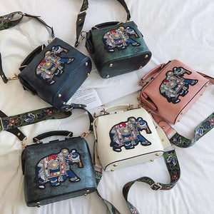 Vintage Embroidery Elephant Bag Wide Butterfly Strap PU Leather Women Tote