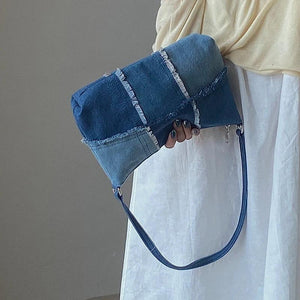 Colorblock Washed Denim Bag Women Casual Shoulder Handbag