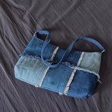 Colorblock Washed Denim Bag Women Casual Shoulder Handbag
