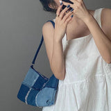 Colorblock Washed Denim Bag Women Casual Shoulder Handbag