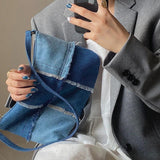 Colorblock Washed Denim Bag Women Casual Shoulder Handbag
