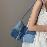 Colorblock Washed Denim Bag Women Casual Shoulder Handbag