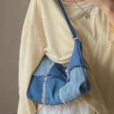 Colorblock Washed Denim Bag Women Casual Shoulder Handbag