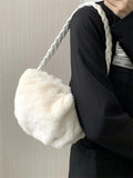 Women's Faux Fur Shoulder Bag Soft Plush Underarm Bags Braided Straps Handbags