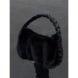 Women's Faux Fur Shoulder Bag Soft Plush Underarm Bags Braided Straps Handbags
