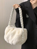 Women's Faux Fur Shoulder Bag Soft Plush Underarm Bags Braided Straps Handbags