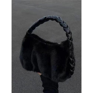 Women's Faux Fur Shoulder Bag Soft Plush Underarm Bags Braided Straps Handbags