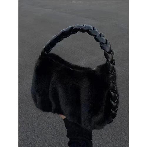Women's Faux Fur Shoulder Bag Soft Plush Underarm Bags Braided Straps Handbags