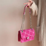 Rose Woolen Shoulder Bag Lock Plaid Pattern Small Chain Crossbody Bags