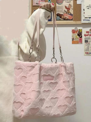 Furry Casual Tote Bag Love Heart Sweet Shoulder Plush Handbag