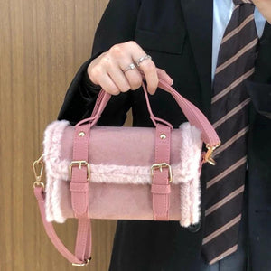 Faux Fur Crossbody Bag Vintage Square Purse Soft Handbag
