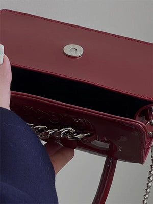 Vintage Patent Leather Chain Messenger Bag Women Shoulder Purse