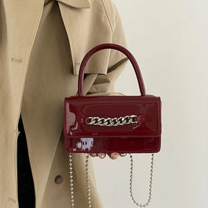 Vintage Patent Leather Chain Messenger Bag Women Shoulder Purse