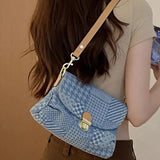 Vintage Plaid Hobos Shoulder Bag Women's Denim Underarm Tote Purse