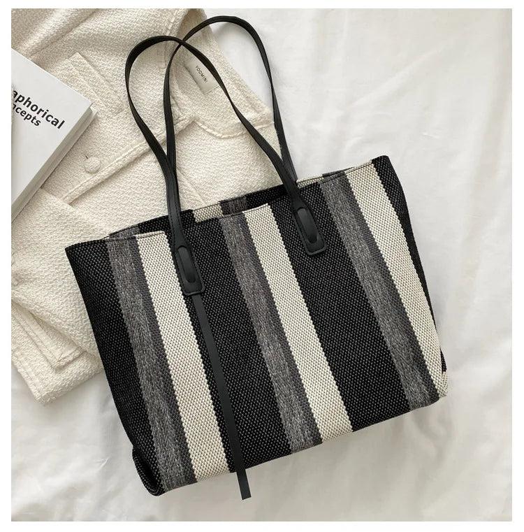 Stripes Canvas Handbag Casual Large Capacity Tote Bag Women