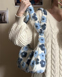 Plush Flowers Hobos Shoulder Bag for Women Large Capacity Tote Handbags