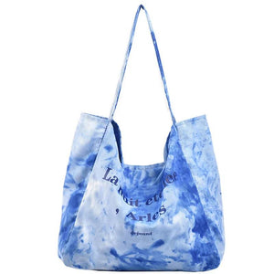 Women Canvas Shopping Bag Tie Dye Print Cotton Cloth Shoulder Bag