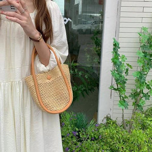 Summer Women Straw Basket Shoulder Bag Hand-woven Bucket Messenger Bags