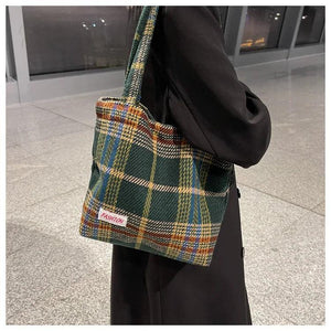 Spring Autum Women's Shoulder Wool Shopper Bag Large Plaid Travel