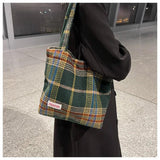 Spring Autum Women's Shoulder Wool Shopper Bag Large Plaid Travel