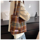 Spring Autum Women's Shoulder Wool Shopper Bag Large Plaid Travel