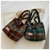 Spring Autum Women's Shoulder Wool Shopper Bag Large Plaid Travel