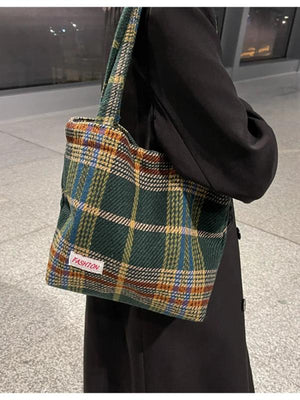 Spring Autum Women's Shoulder Wool Shopper Bag Large Plaid Travel