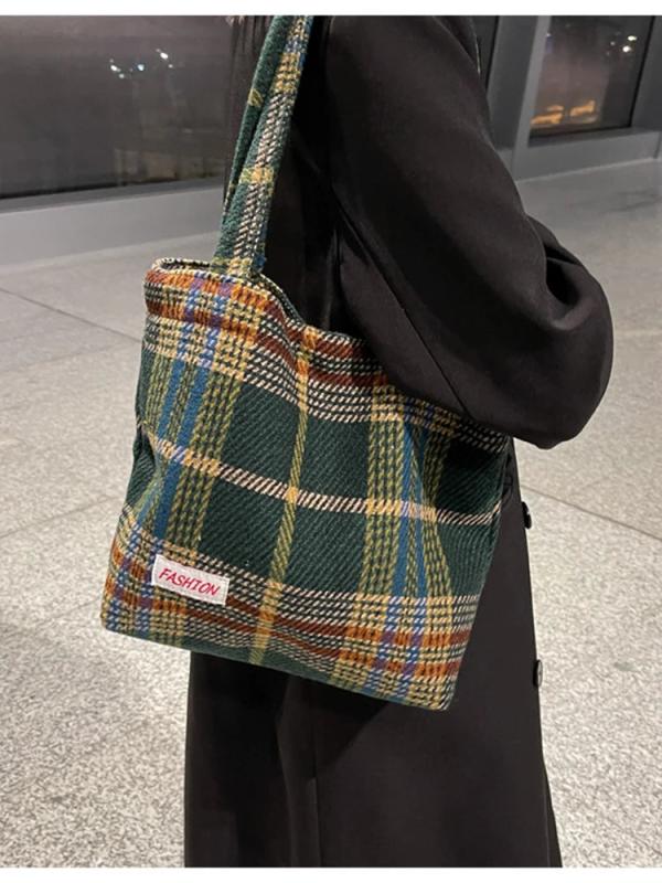 Spring Autum Women's Shoulder Wool Shopper Bag Large Plaid Travel
