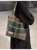 Spring Autum Women's Shoulder Wool Shopper Bag Large Plaid Travel