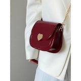 Red Patent Leather Heart Messenger Bag Retro Small Shoulder Chain Saddle Bag