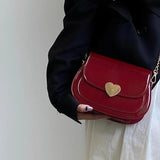 Red Patent Leather Heart Messenger Bag Retro Small Shoulder Chain Saddle Bag
