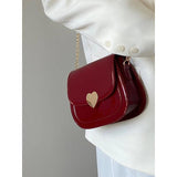 Red Patent Leather Heart Messenger Bag Retro Small Shoulder Chain Saddle Bag