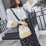 Women Beach Straw Woven Floral Embroidery Shoulder Bag
