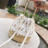 Women Beach Straw Woven Floral Embroidery Shoulder Bag