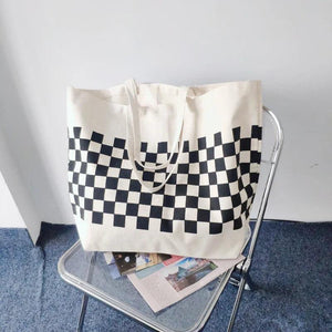 Canvas Shoulder Bag Women Casual Chessboard Handbag Student
