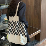 Canvas Shoulder Bag Women Casual Chessboard Handbag Student