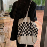 Canvas Shoulder Bag Women Casual Chessboard Handbag Student