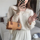 Retro Lock Splicing Matte Leather Bucket Shoulder Bag
