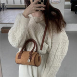 Retro Lock Splicing Matte Leather Bucket Shoulder Bag