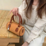 Retro Lock Splicing Matte Leather Bucket Shoulder Bag