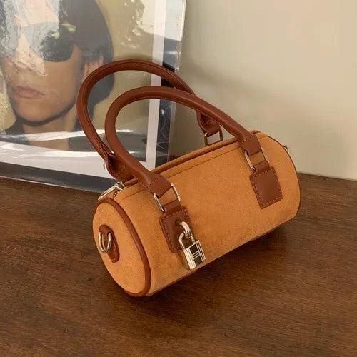 Retro Lock Splicing Matte Leather Bucket Shoulder Bag