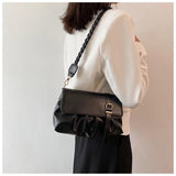 Retro Pleated PU Shoulder Bag Solid Leather Hobos Handbag Womens Underarm
