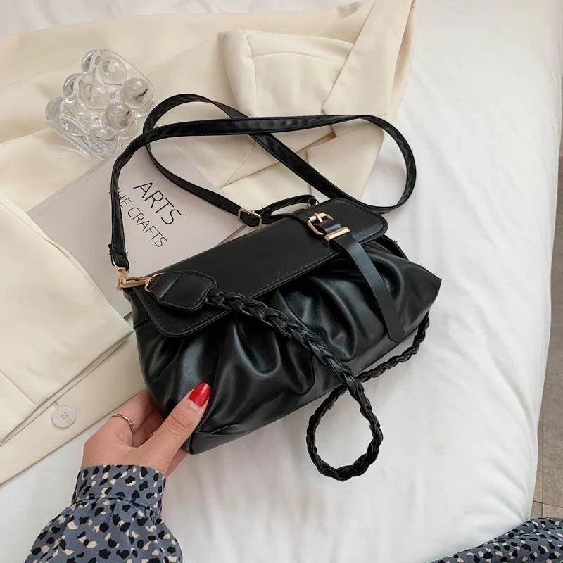 Retro Pleated PU Shoulder Bag Solid Leather Hobos Handbag Womens Underarm