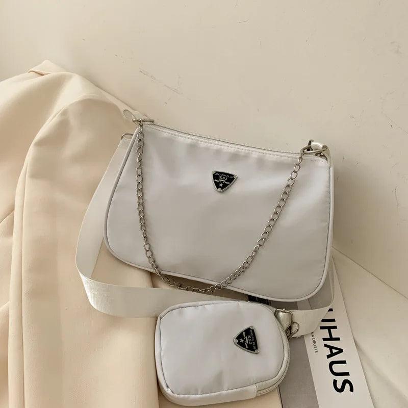 2pcs Women Chain Shoulder Bag Nylon Crossbody Handbag