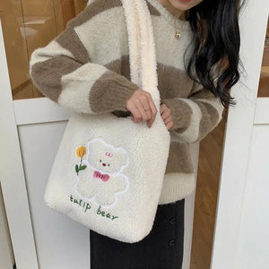 Cute Cartoon Peach Plush Shoulder Tote Bag Women Handbags