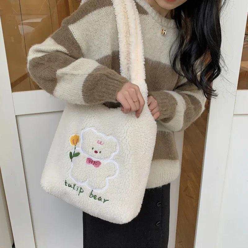 Cute Cartoon Peach Plush Shoulder Tote Bag Women Handbags