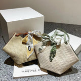 Summer Straw Rattan Beach Tote Bag Ribbon Shoulder Crossbody Satchel