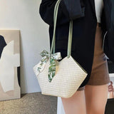 Summer Straw Rattan Beach Tote Bag Ribbon Shoulder Crossbody Satchel