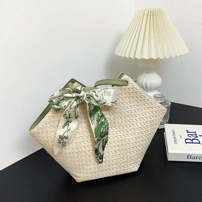 Summer Straw Rattan Beach Tote Bag Ribbon Shoulder Crossbody Satchel